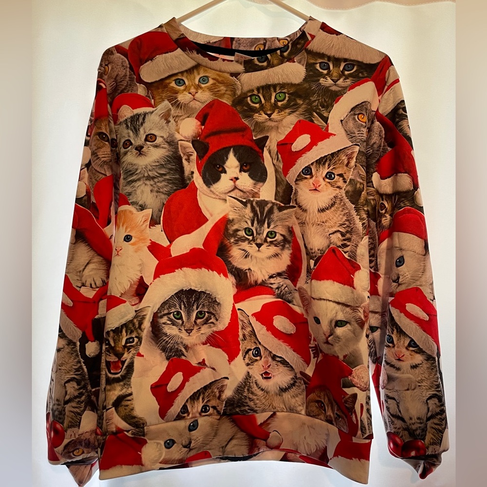 Festive Cat Print Sweater - Red and Cream